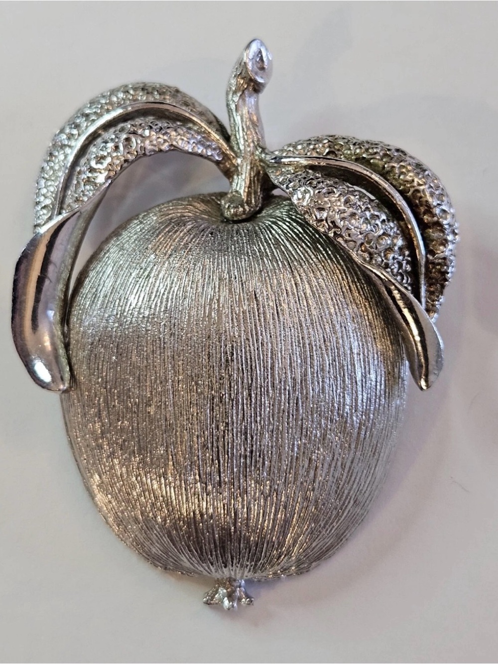 Vintage Sarah Coventry "Adam's Delight" Brushed Silver Tone Apple Brooch Signed